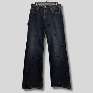 Zara Flowers Appliqué Satin Effect High Wasted Straight Leg Dark Wash Jeans